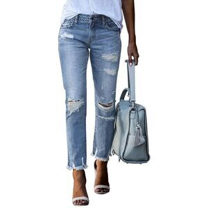GOSOPIN Distressed Raw Hem Boyfriend Straight Leg Jeans